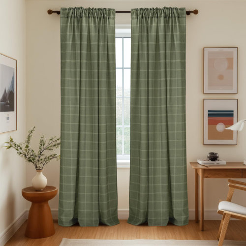 Gracie Oaks Linen Plaid Curtains,Check Tartan Light Filtering Curtains,Rod Pocket Back Tab,2 Panels (Brown) | Wayfair