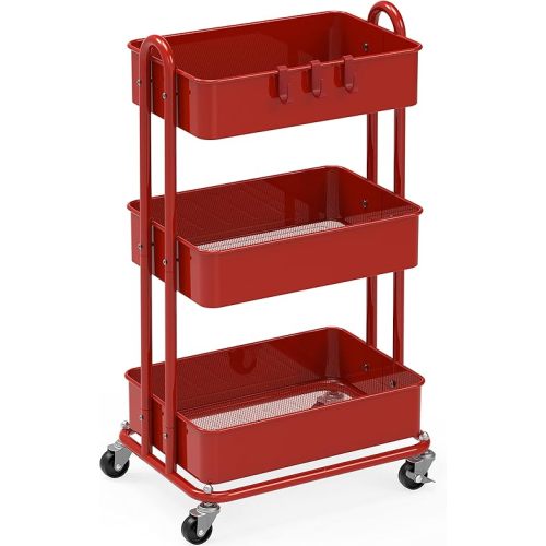 Simple Houseware Heavy Duty 3-Tier Metal Utility Rolling Cart, Red
