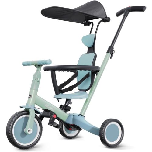 newyoo Toddler Bike, Tricycle for Toddlers 1-3, Toddler Tricycle with Push Handle and Canopy, Birthday Gift and Toys for Girl and Boy, 6 in 1 Baby Trike, Balance Bike, TR009, Green