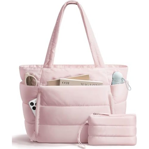 Puffer Tote Bag for Women, Lightweight Puffy Work Handbag Teacher Nurse Quilted Shoulder Bag for School Travel Gym