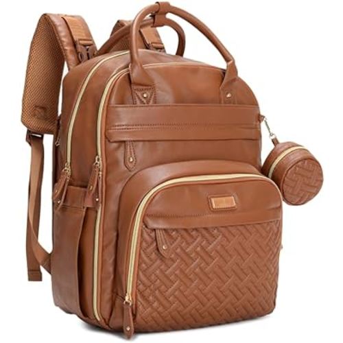 BabbleRoo Leather Diaper Bag Backpack - Baby Essentials Travel Baby Bag, Multi function, Waterproof, with Changing Pad, Stroller Straps & Pacifier Case – Unisex, Natural Brown