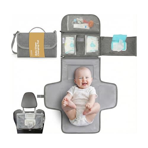 COZIRA Portable Diaper Changing Pad - Waterproof Travel Diaper Clutch with Wipes Pocket & Storage - Foldable Wipeable Changing Mat for Baby - Newborn Shower Gift - Grey