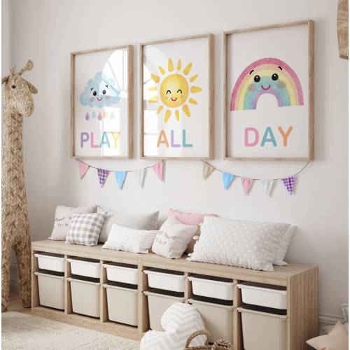 Play All Day Sign Playroom Print Nursery Print Sunshine Rainbow Cloud Heart Print Boho Nursery Art Pastel Rainbow 306