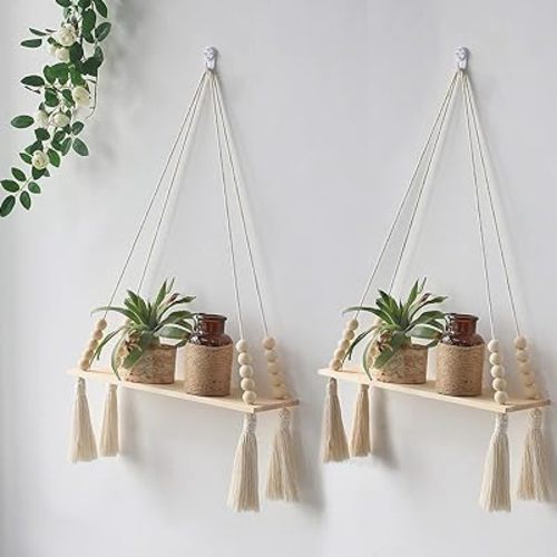 Artilady 2 Pack Wooden Wall Hanging Shelves - Macrame Hanging Plant Shelf with Tassel,Boho Storage Floating Shelves Handmade Rustic Hanger Planter Rack Pot Stand Holder