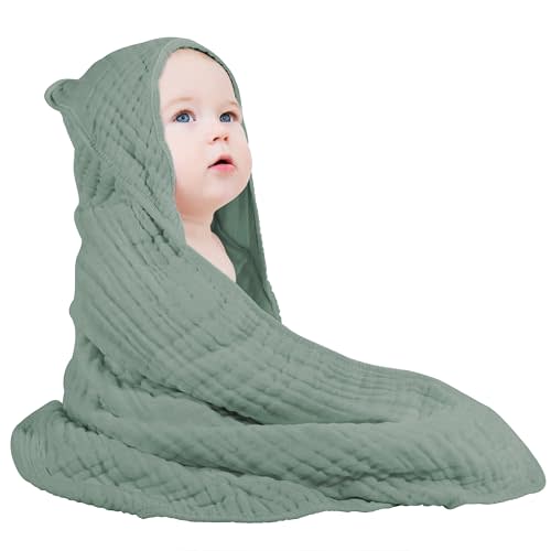 Yoofoss Hooded Baby Towels for Newborn 100% Muslin Cotton Baby Bath Towel with Hood for Babies, Infant, Toddler and Kids, Large 32x32Inch, Soft and Absorbent Newborn Essential
