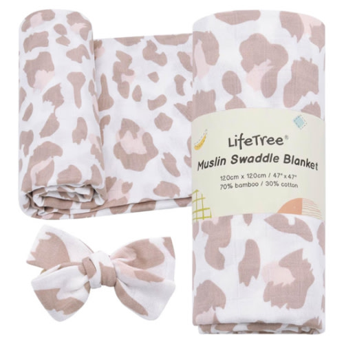 LifeTree Baby Muslin Swaddle Blankets Girl Newborn Receiving Blanket with Headband Bow Set Baby Blush Leopard Print Nursery Swaddle Wrap