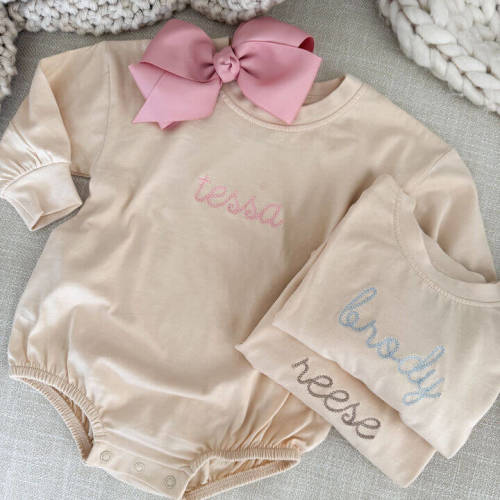 Personalized Stitched Long Sleeve Bubble Romper | Natural