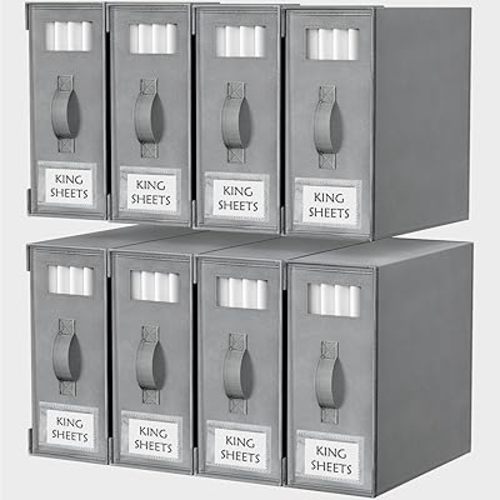 Criusia Bed Sheet Organizers and Storage, 8 Pack Foldable Linen Closet Organizer Box – Bedding Holder for Sheet Set (King/Queen Sizes), Duvet Covers, Blankets (Grey)