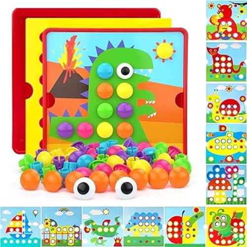 Button Art Toys for Toddlers 3-5 Years Old,Educational Color Matching Mosaic Pegboard & Fine Motor Skills Game,Early Preschool Learning Crafts Activity for Boys & Girls,Gifts for Kids Ages 3+