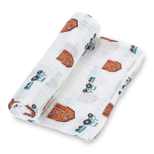 LollyBanks Baby Muslin Swaddle Blanket, Barn Prints Farm Theme, Unisex for Boys and Girls- 100% Muslin Cotton, 47"x47", 1 Pack