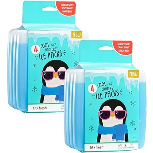 Cool Coolers By Fit + Fresh, 4 Pack Slim Ice Packs, Space Saving Reusable Ice Packs for Lunch Boxes or Coolers, Blue, 2 Packs of 4