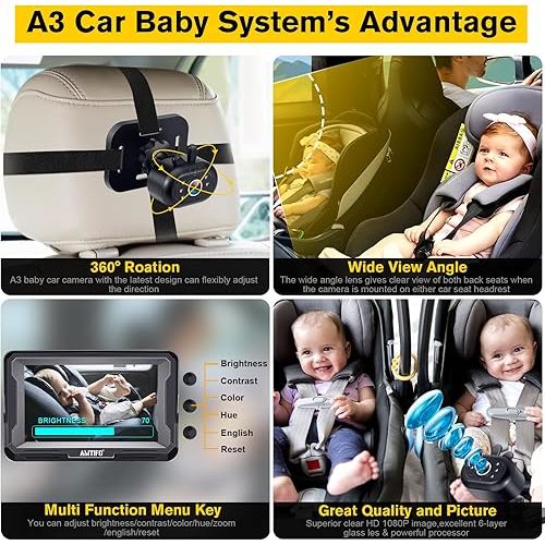 AMTIFO Baby Car Camera Easy Install: Clear Night Vision 2Mins Plug-Play Backseat Camera 360 Rotation Rear Facing Car Baby Monitor with Camera