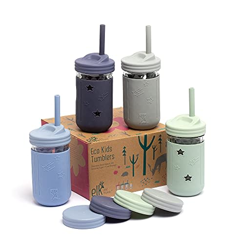 Elk and Friends Kids & Toddler Cups | The Original Glass Mason jars 12 oz with Silicone Sleeves & Silicone Straws | Smoothie Cups | Spill Proof Cups