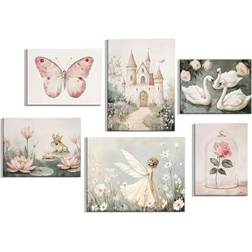 Coquette Wall Art Pastel Pink Trendy Posters Wall Decor White Swan Butterfly Frog Painting Pictures Castle Elf Aesthetic Floral Canvas Prints for Nursery Teen Girls Bedroom College Dorm Framed