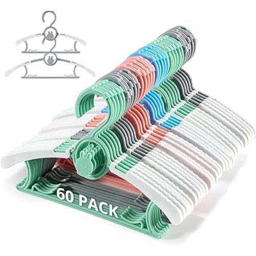 Kids Hangers, Extendable & Stackable Baby Hangers, 60PCS Mix-Colors Toddler Hangers for Baby Toddler Children Kids Teen, 11~14Inch Non-Slip Plastic Kid Hangers, Baby Clothes Hangers (60 Pack)