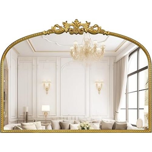 WallBeyond Gold Vintage Mirror for Vanity 32x24 Inch, Gold Antique Mirror with Ornate Frame, Arched Vintage Wall Mirror for Bathroom, Living Room, Fireplace, Entryway