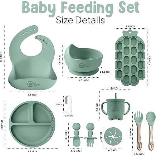 O'doe Baby Weaning Set – 15 Pcs Silicone Baby Feeding Set with Suction Plate, Bowl, Bib, Sippy Cup, Fruit Feeder, Freezer Tray