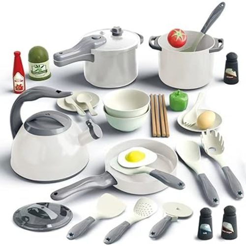 32Pcs Kids Play Kitchen Toys Set, Toddlers Pretend Cooking Playset Acccessories with Pots Pans, Utensils Cookware, Foods, Canned Veges, Learning Gift for Kids Girls Boys (White)