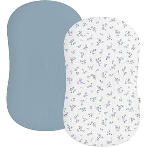 Muslin Baby Lounger Cover 2 Pack, Soft Breathable Newborn Lounger Pillow Cover for Boys Girls Infant (Flower I & Light Blue)