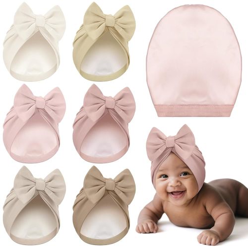 6 Pcs Newborn Satin Bonnet for 0-6 Months Silky Satin Lined Stretchy Baby Turban Hats Durags with Bow Cotton Beanie Cap Bonnet for Newborn Baby Girl Boy Infant Toddler Kid