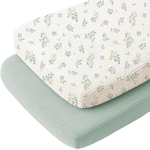 Konssy 2 Pack Muslin Bassinet Sheets for Baby Boy, 100% Cotton Soft Breathable Bassinet Mattress Sheets Fit for Hourglass Oval Cradle Rectangle Mattress (Leafy,Green)