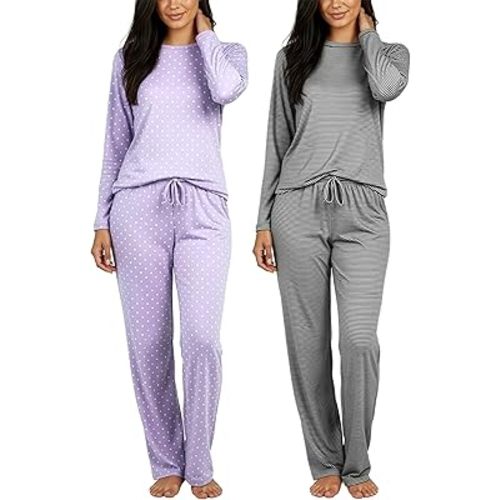Real Essentials 2 Pack: Women's Long Sleeve Pajama Sets - Soft Comfy 2 Piece PJ Set Matching Ladies Sleepwear (Plus Size)