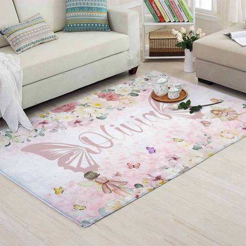 Custom Name Nursery Rug, Butterfly Fairy Carpet, Spring Floral Mat, Toddler Girl Room Decor, Kids Playroom Mat, Flowers Baby Shower Gift