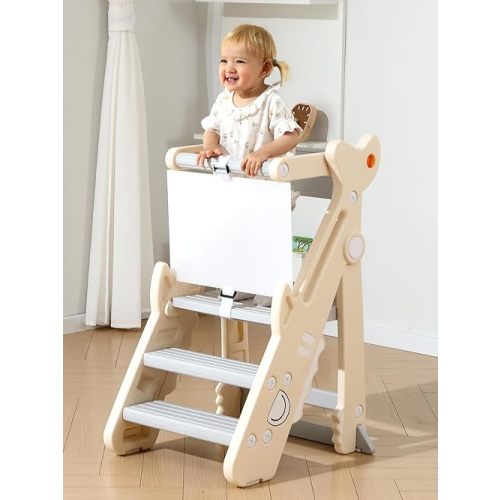 VBABY Foldable Toddler Tower, Certified Toddler Kitchen Stool Helper, Adjustable Height Toddler Step Stool, Plastic Learning Tower for Toddler, White