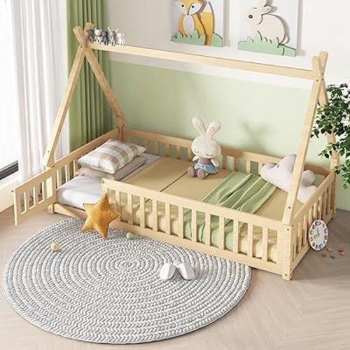 Twin Floor Bed for Kids Tent-Shaped Montessori Floor Bed with Slats and Guardrails Twin Size Wood Teepee Bed Frame with Fence and Door for Boys Girls, Natural
