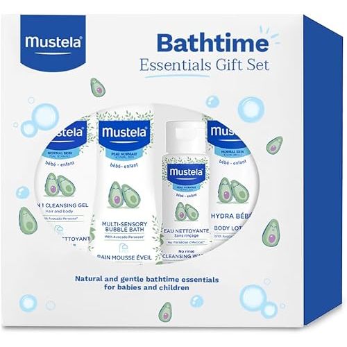 Mustela Baby Bath Time Essentials Gift Set - Natural & Plant-Based Baby Skin Care - 4 Items Set
