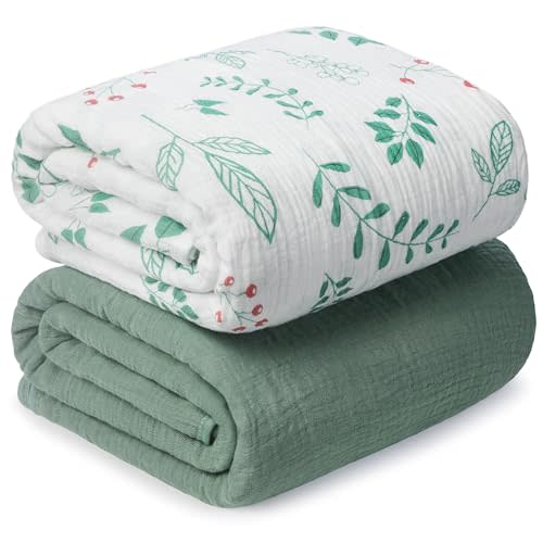 Muslin Swaddle Blankets for Newborn, 2 Pack Breathable Soft Receiving Blanket, Large 41 x 41 inches Swaddle Wrap Burping Clothes, Essentials Infant Shower Items. (Green & Leaves)