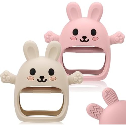 2 Pack Baby Teething Toy for 3-6 6-12 Months, Silicone Bunny Teething Mitten, Anti Drop Wrist Hand Baby Teethers 0 3 6 9 12 Months for Babies Sucking Needs (Beige & Light Pink)