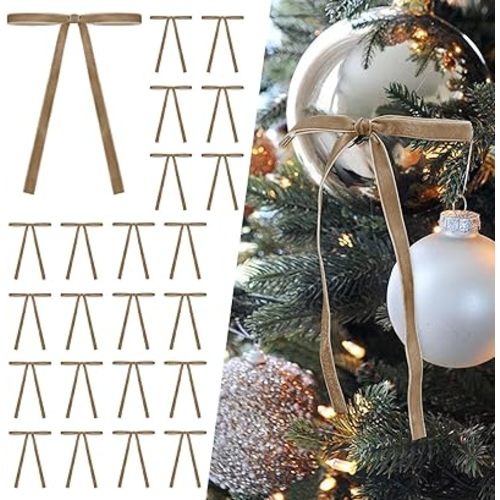 SIMISI RIBBON 24 Pcs Khaki Velvet Christmas Tree Bows Door Garland Decor Vintage Wreath Bow (3/8'' Width, 5 * 7 inch)