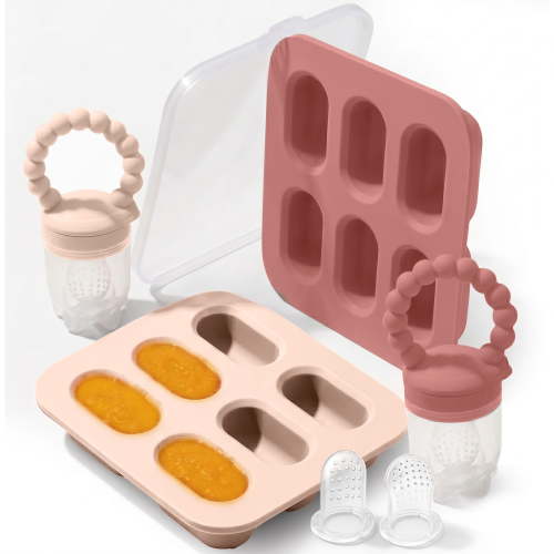 Silicone Baby Fruit Feeders with Freezer Tray for Batch Prep, Set of 2 Safe & Convenient Includes Extra Pouches & Travel Lids, Dishwasher Safe, Pink