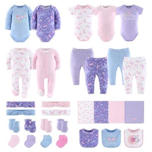 The Peanutshell Purple Butterfly Newborn Layette Set For Baby Girls, 30-pieces, Pink/purple, 0-3 Months