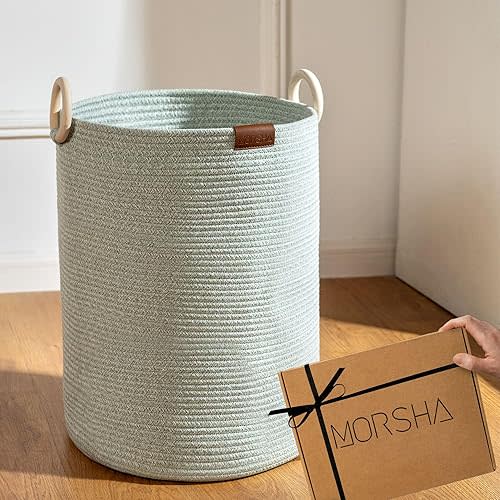Green Woven Laundry hamper basket with Wooden Handles, Decorative Storage Bin, hamper basket for gifts – Ideal Gift for New Home, Wedding, Baby Shower – 58L (1 Pack)