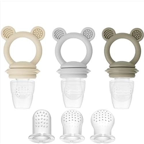 PandaEar 3 Pack Baby Fruit & Food Feeder Pacifier, Silicone Feeder Pacifier with 3 Sizes Pouches for Babies Toddlers Infants Kids, BPA-Free Food Grade Soft Safe (Tan/Grey/Brown)