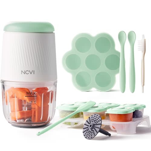 NCVI Puree Baby Food Processor Glass Set, Mini Infant Food Maker Blender Machine with 8 Blades and Grinding Disc, Small Blender Including Food Containers, Silicone Tray and Tableware, Green