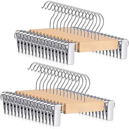 Geetery 30 Pcs Baby Wooden Pants Hangers with Clips 9.5 Inches Wooden Kids Pants Hangers with Swivel Hook and 2 Adjustable Clips for Pants Closet Clothes Jeans Coat(Burly Wood)