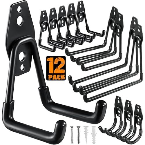 12 Pack Garage Hooks Heavy Duty,Utility Steel Garage Storage Hooks,Wall Mount Garage Hanger&Organizer for Organizing Power Tools,Ladders,Bulk Items,Bikes,Ropes and More Equipment