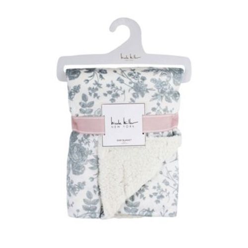 Nicole Miller Gray and White Floral Printed Mink/Faux Shearling Baby Blanket: 30x40 Inches, 460 Thread Count