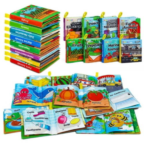Dr.Rapeti Soft Cloth Books Baby Books Bath Books 8-Pack for Baby Infant Toddler Kid Crinkle Washable Chewable Non-Toxic Early Education Preschool Learning Giftable