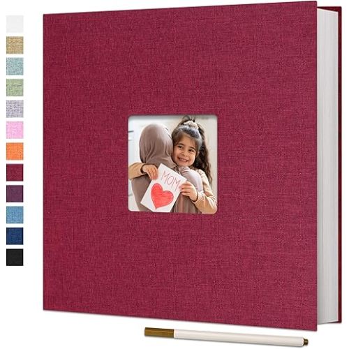 Vienrose Large Photo Album Self Adhesive for 4x6 8x10 Pictures Linen Scrapbook Album DIY 60 Blank Pages with A Metallic Pen Red
