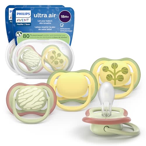 Philips Avent Ultra Air Pacifiers - Orthodontic Design, for Babies 18 Months+, Extra-Firm Silicone Symmetrical Nipple, BPA-Free, with 2 Sterilizing Cases, 4 Pack, SCF349/55