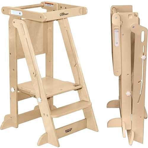 Little Partners Learn 'N Fold Learning Tower Foldable Toddler Platform Baby Kitchen Stool, Children's Folding Kitchen Stool Helper Adjustable Ladder for Kids Ages 2 to 6 (Natural)