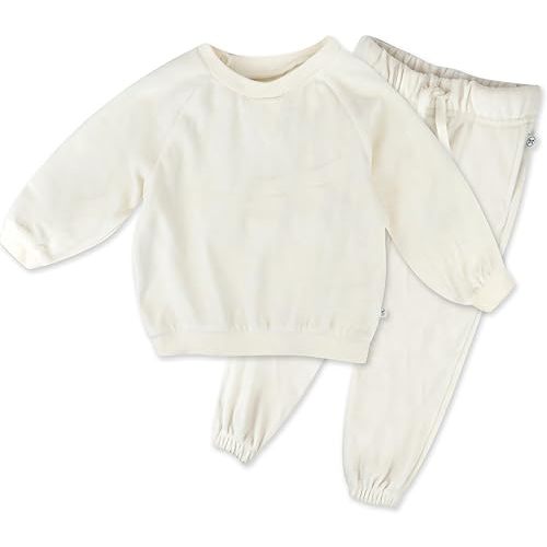 HonestBaby 2-Piece Cozy Velour Sweatshirt and Jogger Sweatpants Set 100% Organic Cotton for Toddler, Baby Boys, Girls, Winter White Ivory, 3-6 Months