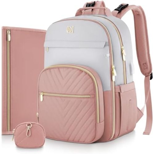 Diaper Bag Backpack, Quilted Baby Bag with Changing Pad & Stroller Straps & Pacifier Case, Large Travel Diaper Bags for Mom Dad, Pink Grey