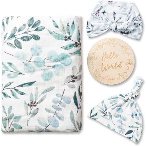 Miaoberry 100% Organic Eucalyptus Muslin Swaddle Set with Hat and Bow - Hat & Bow