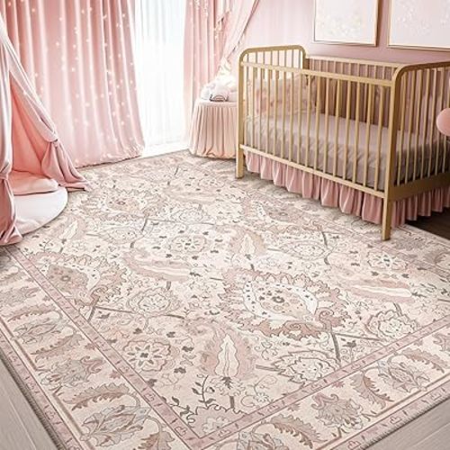 Boho 8x10 Area Rugs Machine Washable Carpet Low Pile Non Shedding Doormat Soft Area Rugs for Living Room Bedroom Kitchen Dining Room Entryway Hallway Indoor-Pink/Grey