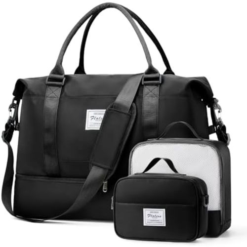 Weekender Bags for Women,Travel Duffel Bags with Shoe Compartment & Wet Pocket,Personal Item Travel Bag for Airlines,Carry on Overnight Tote Bag for women,3Pcs Set,Black